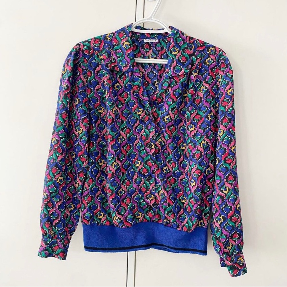 80s Multicoloured abstract floral print poly blouse
